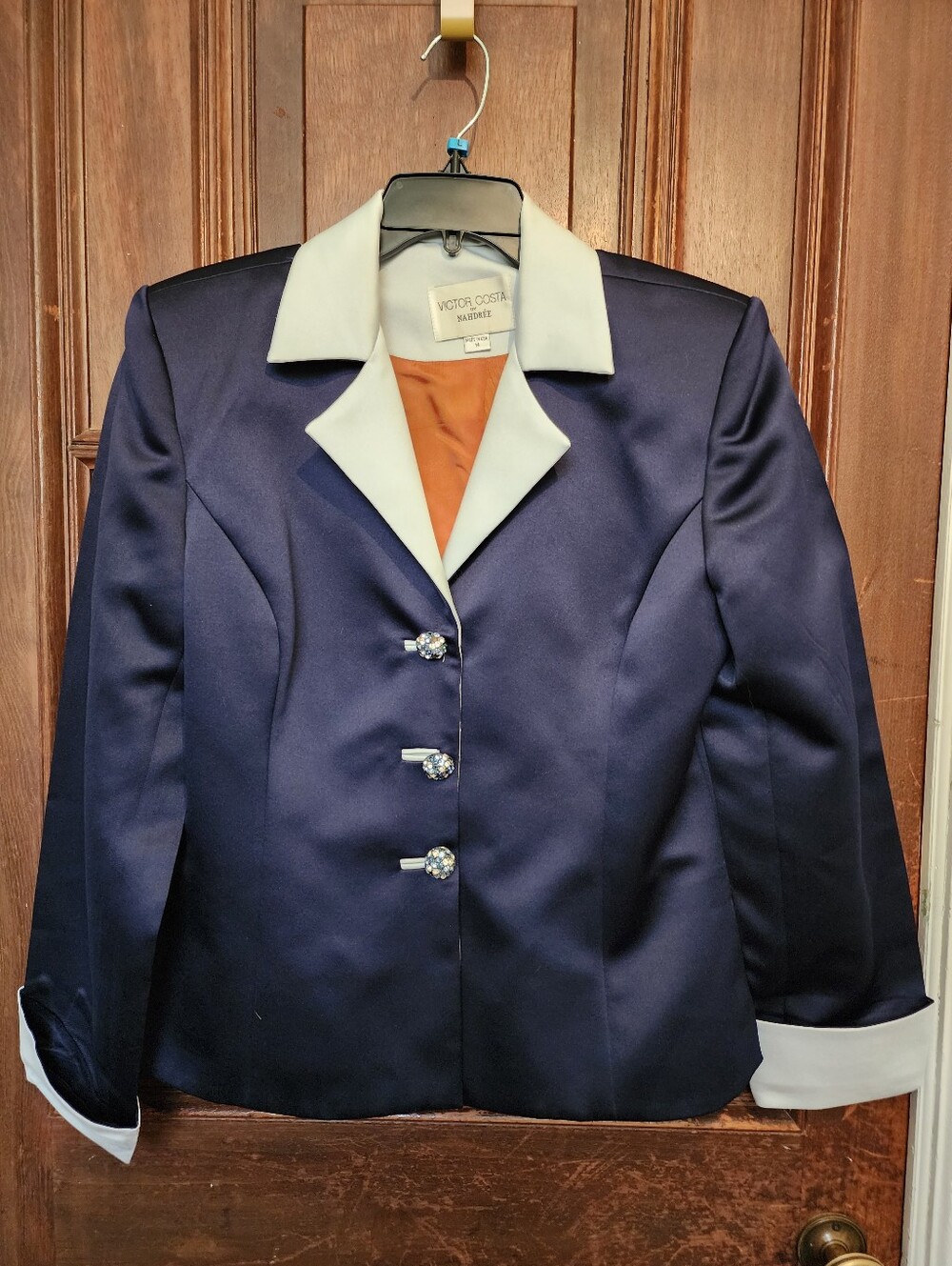 Vtg 90s Victor Costa for Nahdree Navy Satin Skirt Suit Tuxedo Blazer Set Size 14